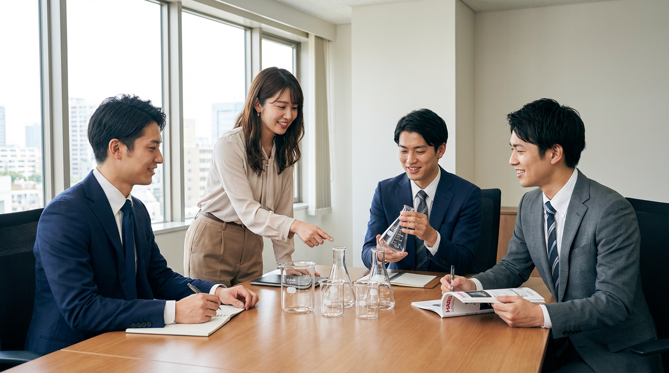 ビーカーを囲んでチーム会議