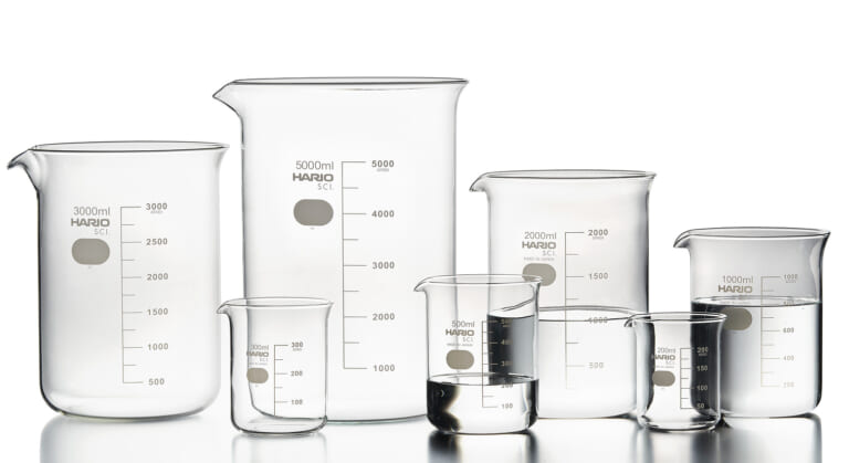 HARIO SCI. borosilicate laboratory beakers in graduated sizes