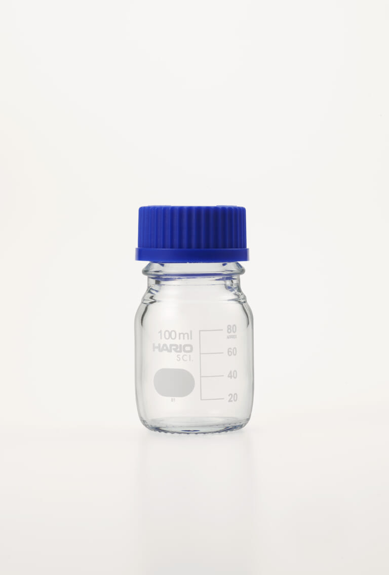 Clear borosilicate screw-cap bottle with blue GL cap